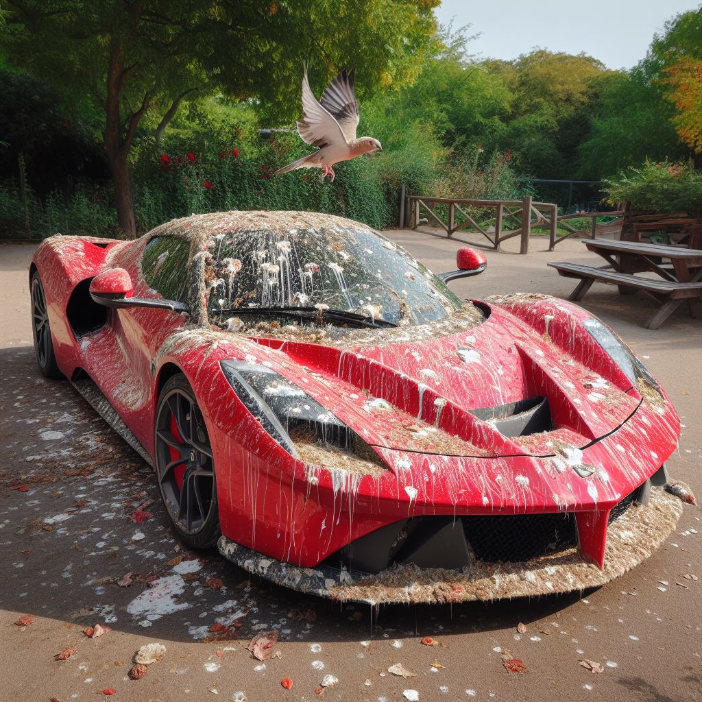 uccello e guano su auto sportiva