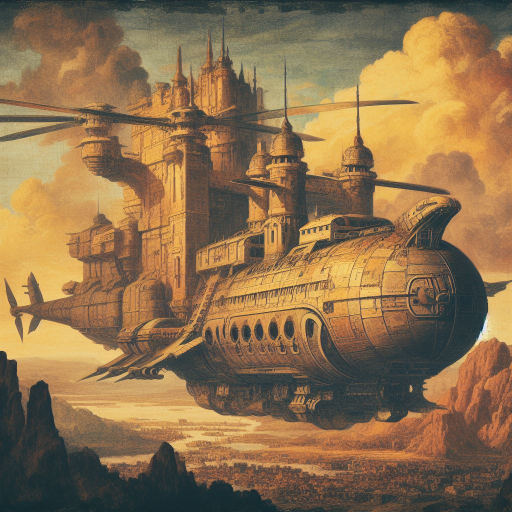 dipinto di una fortezza volante del Rinascimento