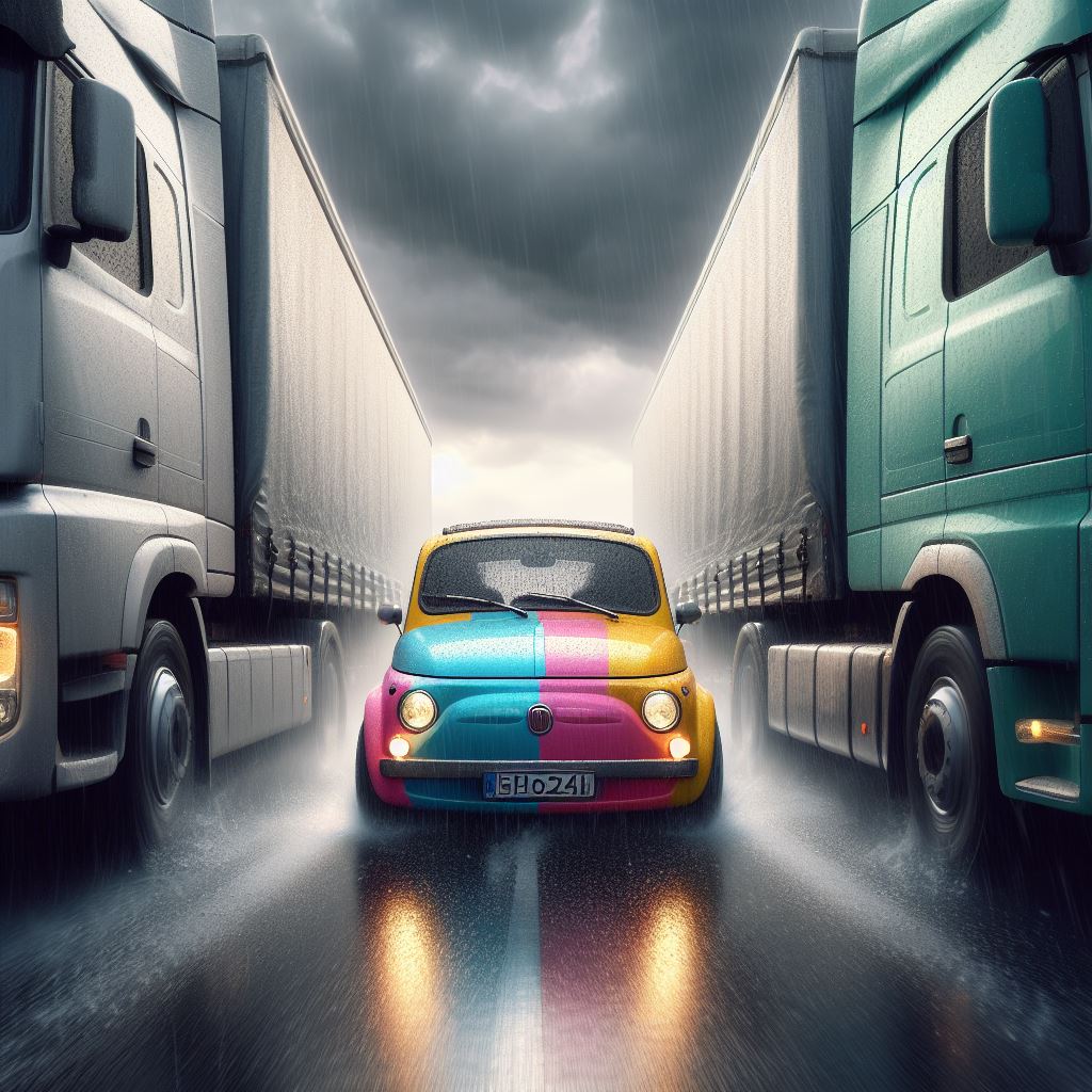 Fiat 500 fra due camion