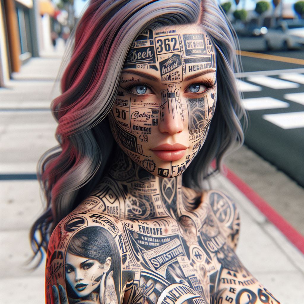 Ragazza completamente tatuata di marchi pubblicitari