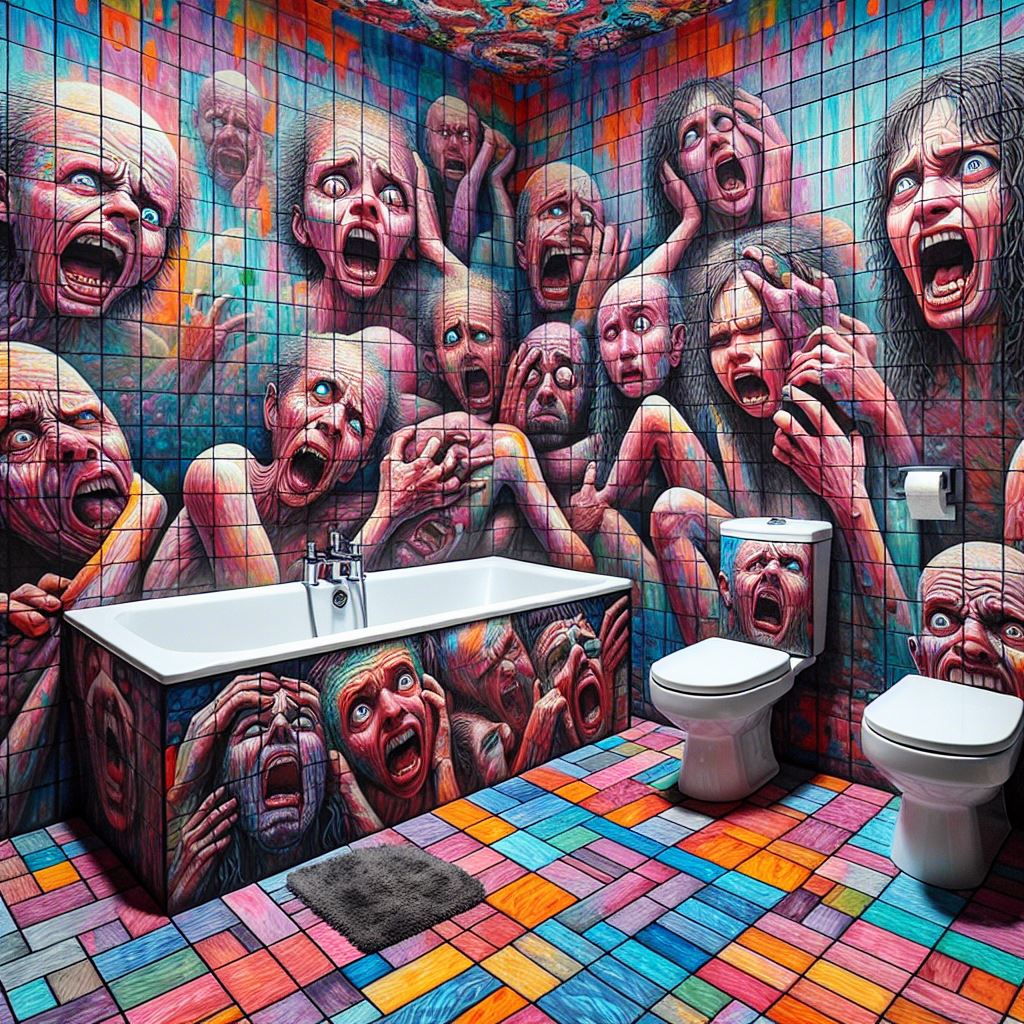 bagno smaltato con raffigurate persone che urlano