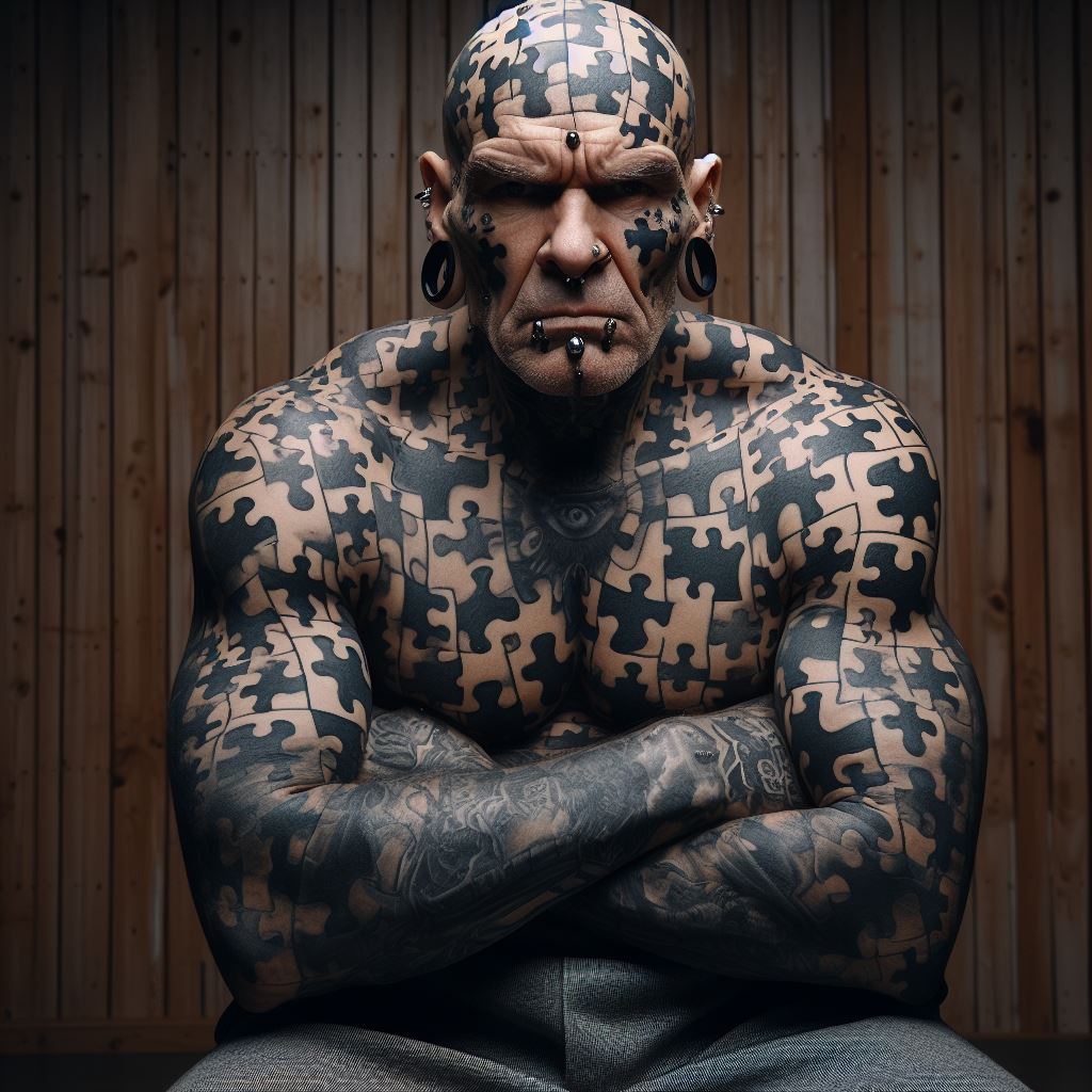 uomo tatuato stile puzzle