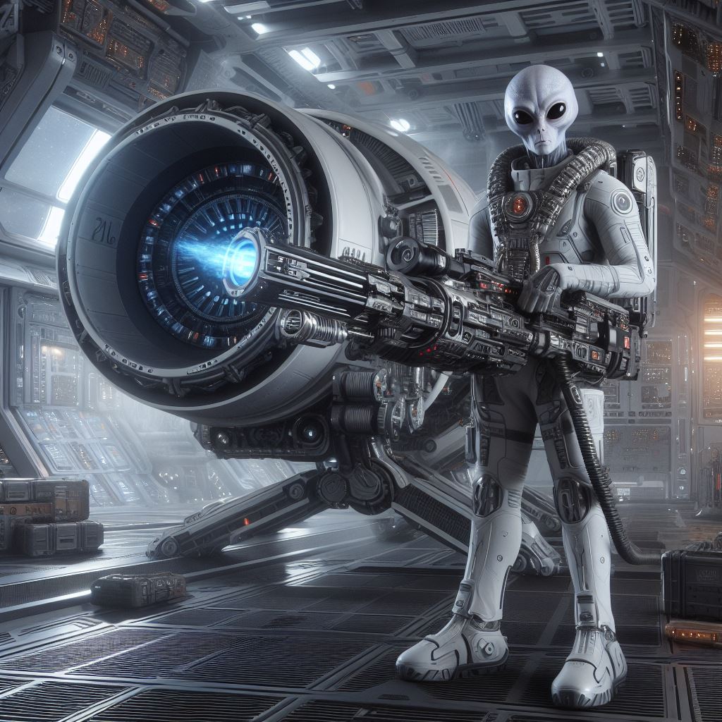 un soldato alieno vicino ad un cannone elettromagnetico